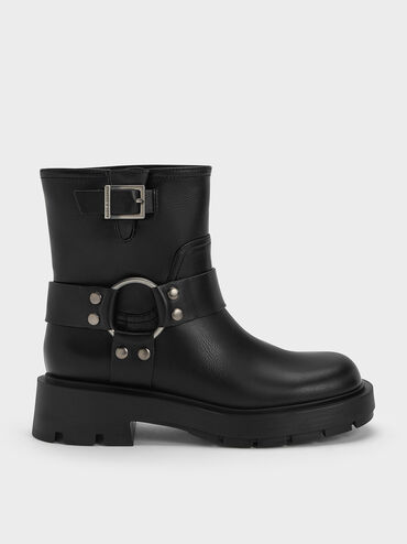 Metallic Buckled Ankle Boots, Black, hi-res