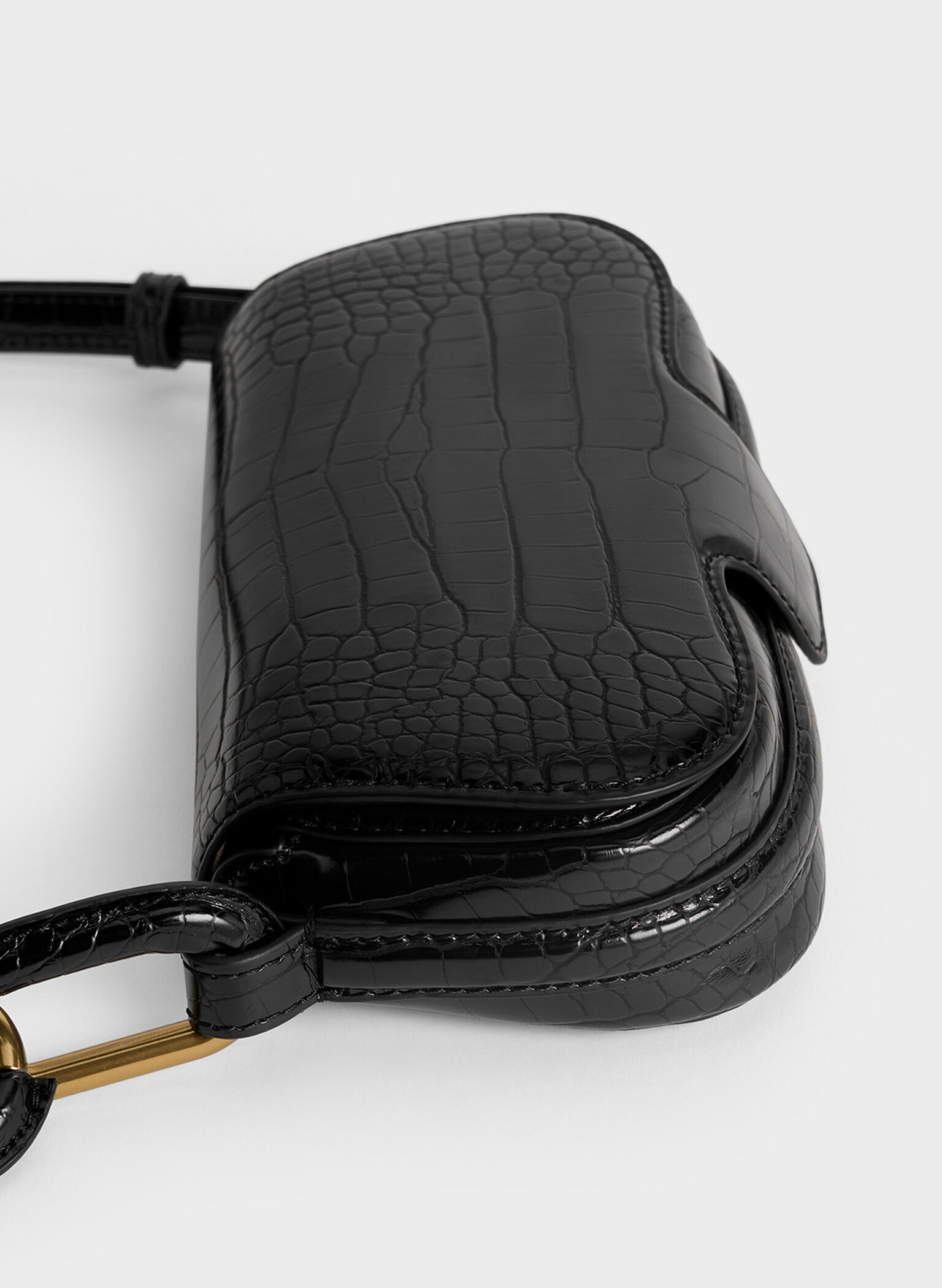 Mini Kora Croc-Effect Metallic-Accent Elongated Bag, Black, hi-res
