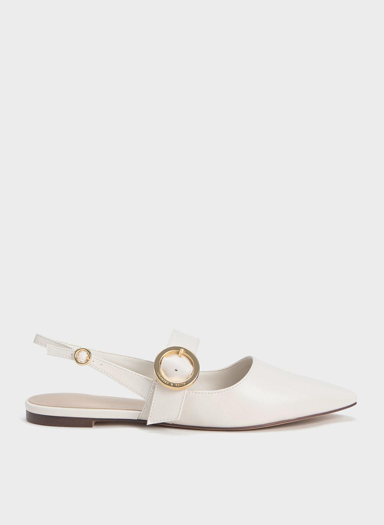 Buckled Strap Slingback Flats, White, hi-res