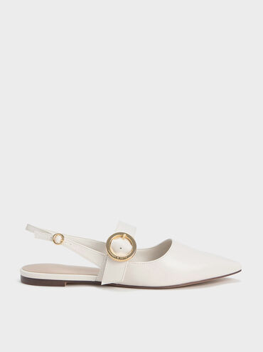 Buckled Strap Slingback Flats, White, hi-res