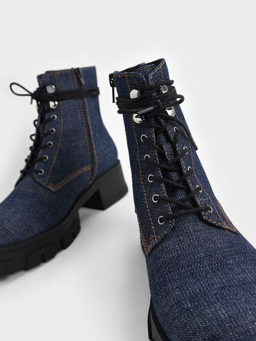 Denim Lace-Up Combat Boots, Dark Blue, hi-res