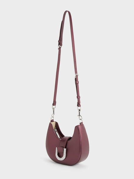 Bolso hobo Gabine de piel con adornos de cristales, Ciruela, hi-res