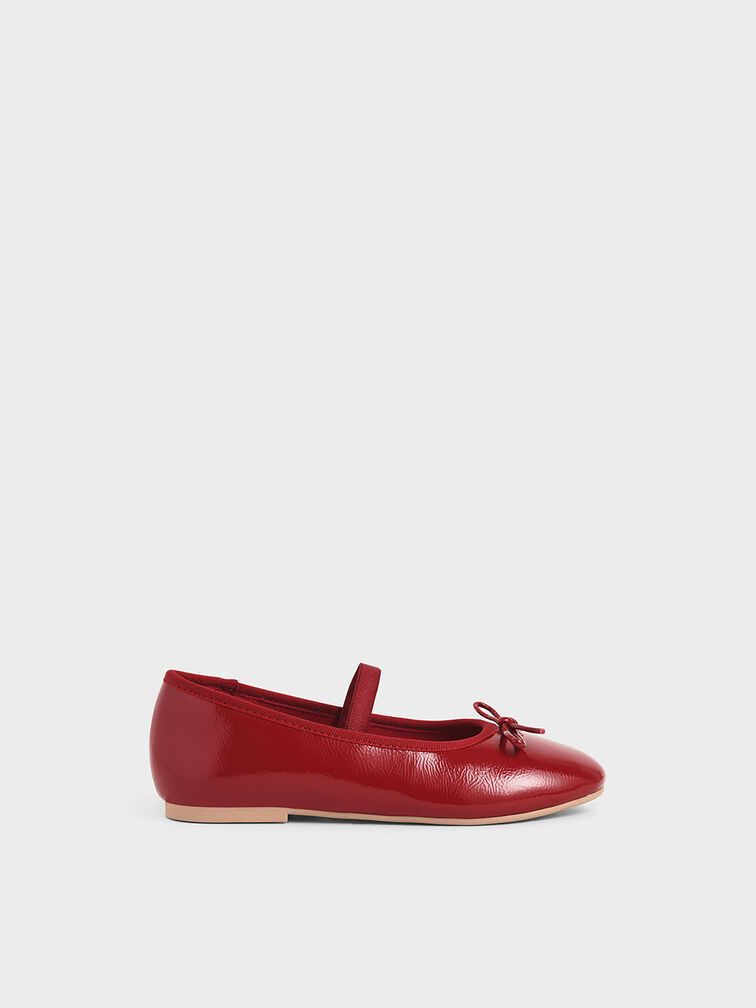 Girls' Patent Bow Ballerina Flats, Red, hi-res