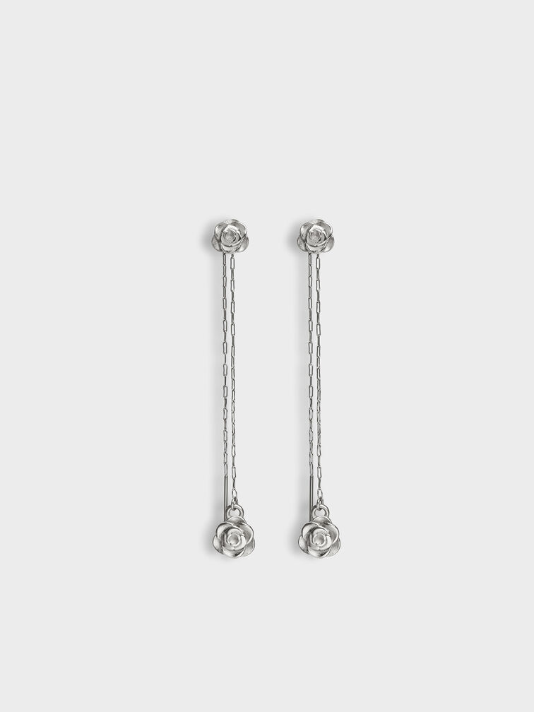 Rosalind Flower-Motif Asymmetric Drop Earrings, Brushed Silver, hi-res
