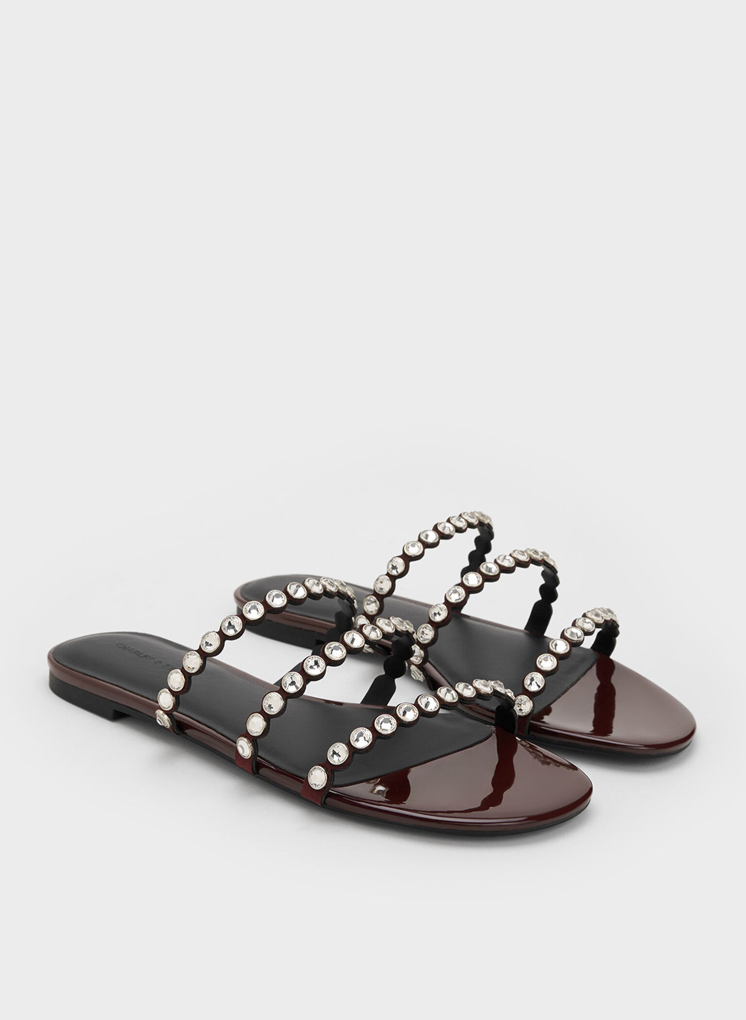 Crystal-Embellished Triple-Strap Sandals, Burgundy, hi-res