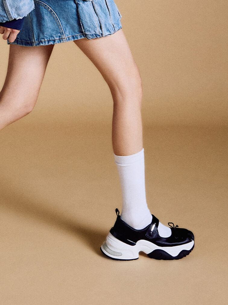 Satin Bow Two-Tone Mary Jane Sneakers, Black Textured, hi-res