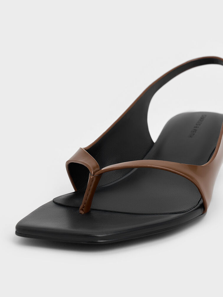 Square-Toe Kitten-Heel Thong Sandals, Brown, hi-res
