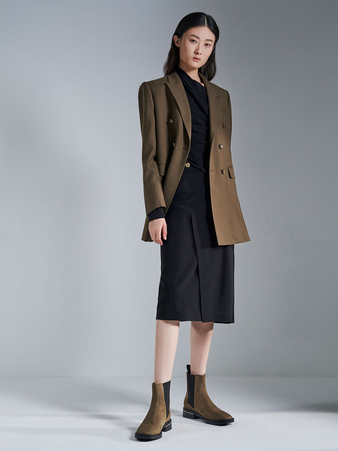 Chain-Trim Heel Textured Chelsea Boots, Olive, hi-res