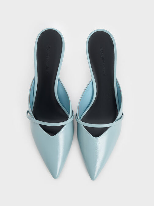 Crinkle-Effect Sculptural-Heel Pointed-Toe Mules, Blue, hi-res