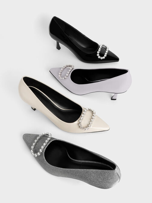 Gem-Embellished Glittered Pumps, Pewter, hi-res