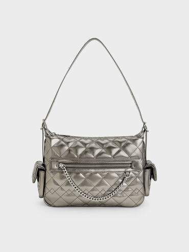 Duo Metallic Quilted Shoulder Bag, Pewter, hi-res
