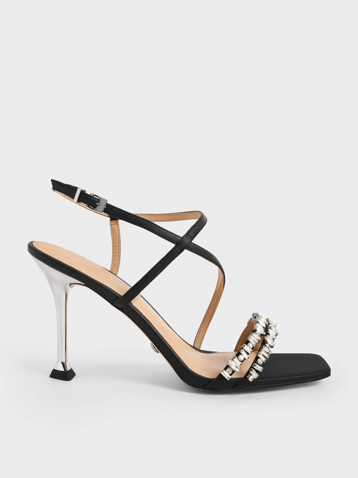 Leather Gem-Embellished Strappy Sandals, Black, hi-res