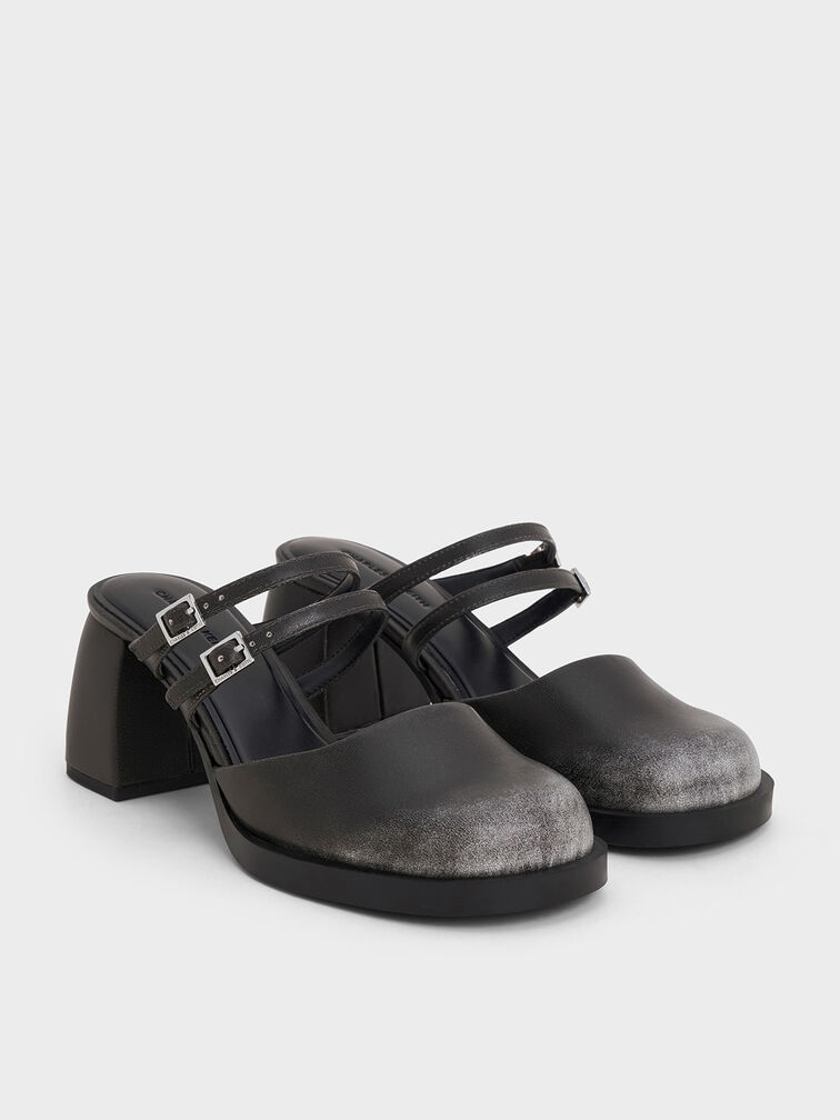 Double-Strap Platform Mules, Black, hi-res