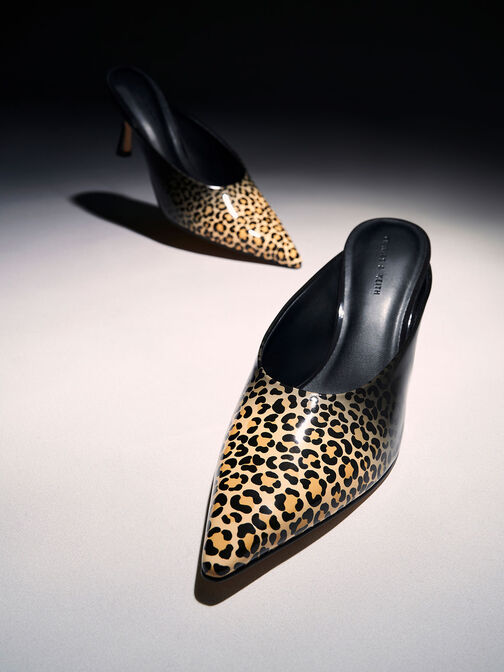 Patent Leopard Print Spool Heel Mules, Multi, hi-res