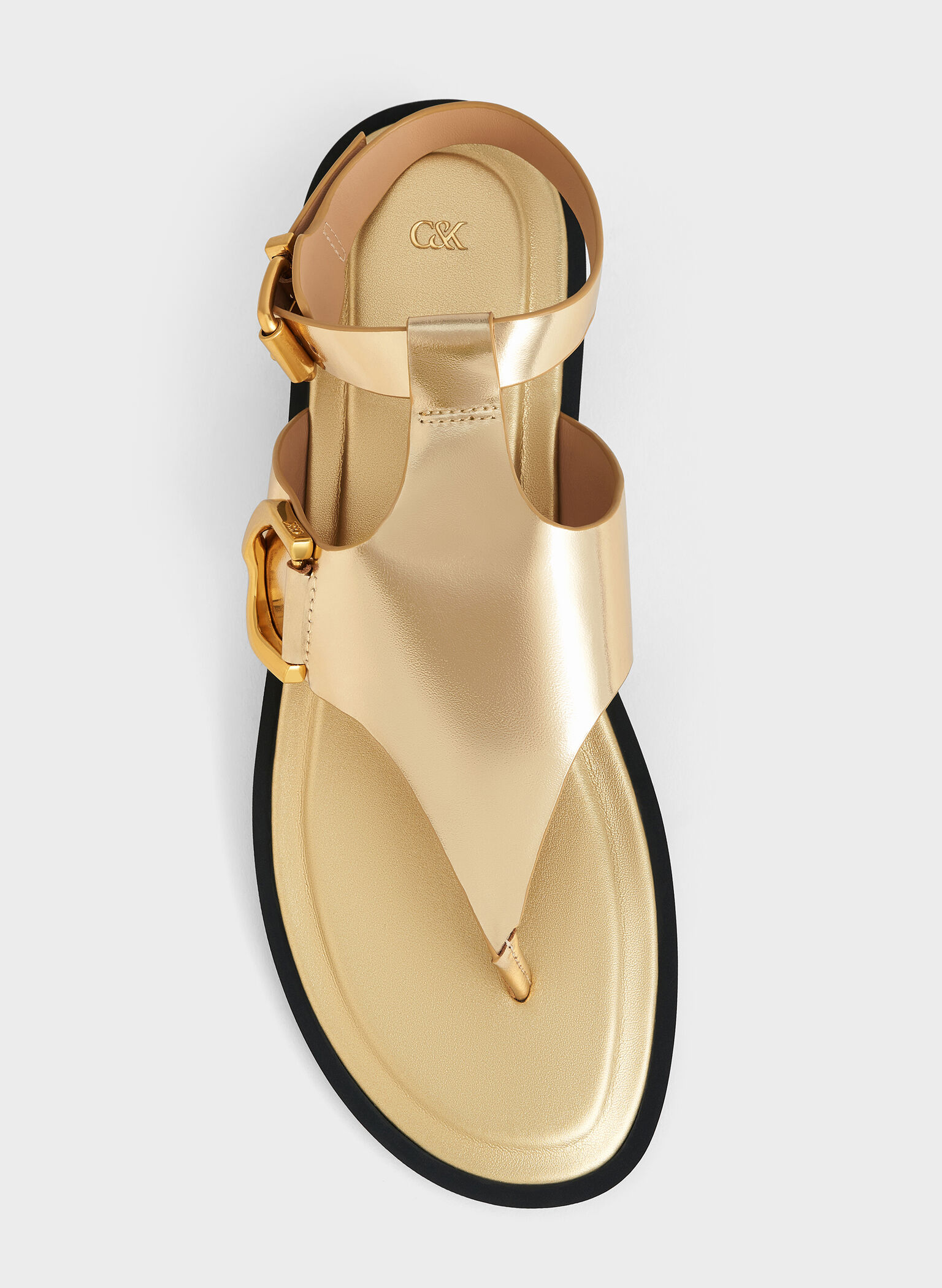 Gabine Metallic Leather Ankle-Strap Thong Sandals, Dorado, hi-res