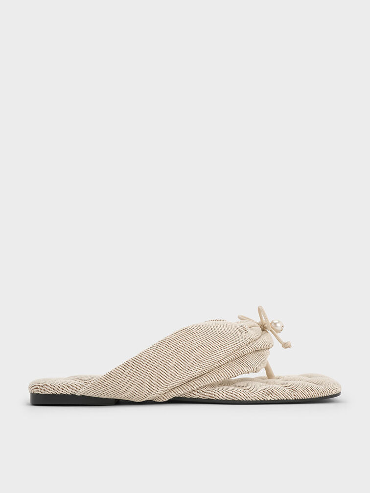 Twill Pearl-Accent Square-Toe Sandals, Beige, hi-res