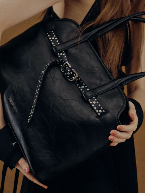 Victoria Studded Belted Trapeze Tote Bag, Noir, hi-res