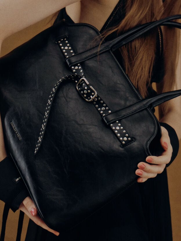 Victoria Studded Belted Tote Bag, Noir, hi-res
