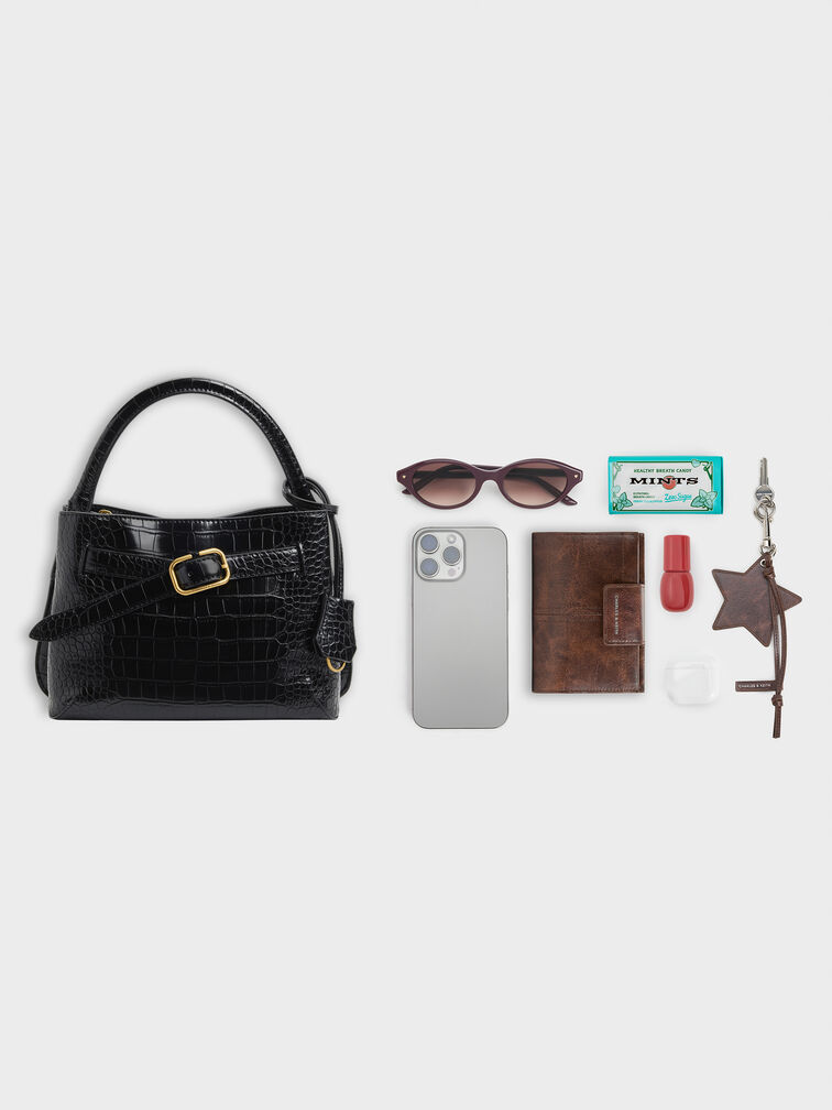 Victoria Croc-Effect Belted Top Handle Bag, Black Croco, hi-res