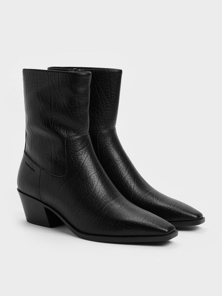 Crinkle-Effect Tapered Ankle Boots, Black, hi-res