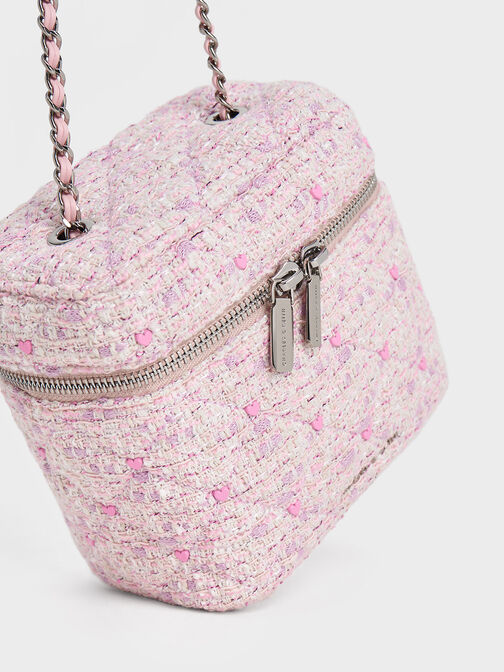 Nezu Tweed Quilted Heart-Print Bag, Pink, hi-res