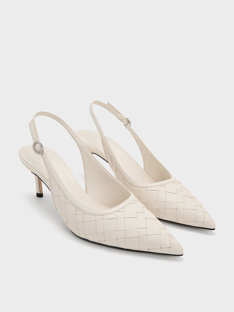 Ivette Woven Pointed-Toe Slingback Pumps, Chalk, hi-res