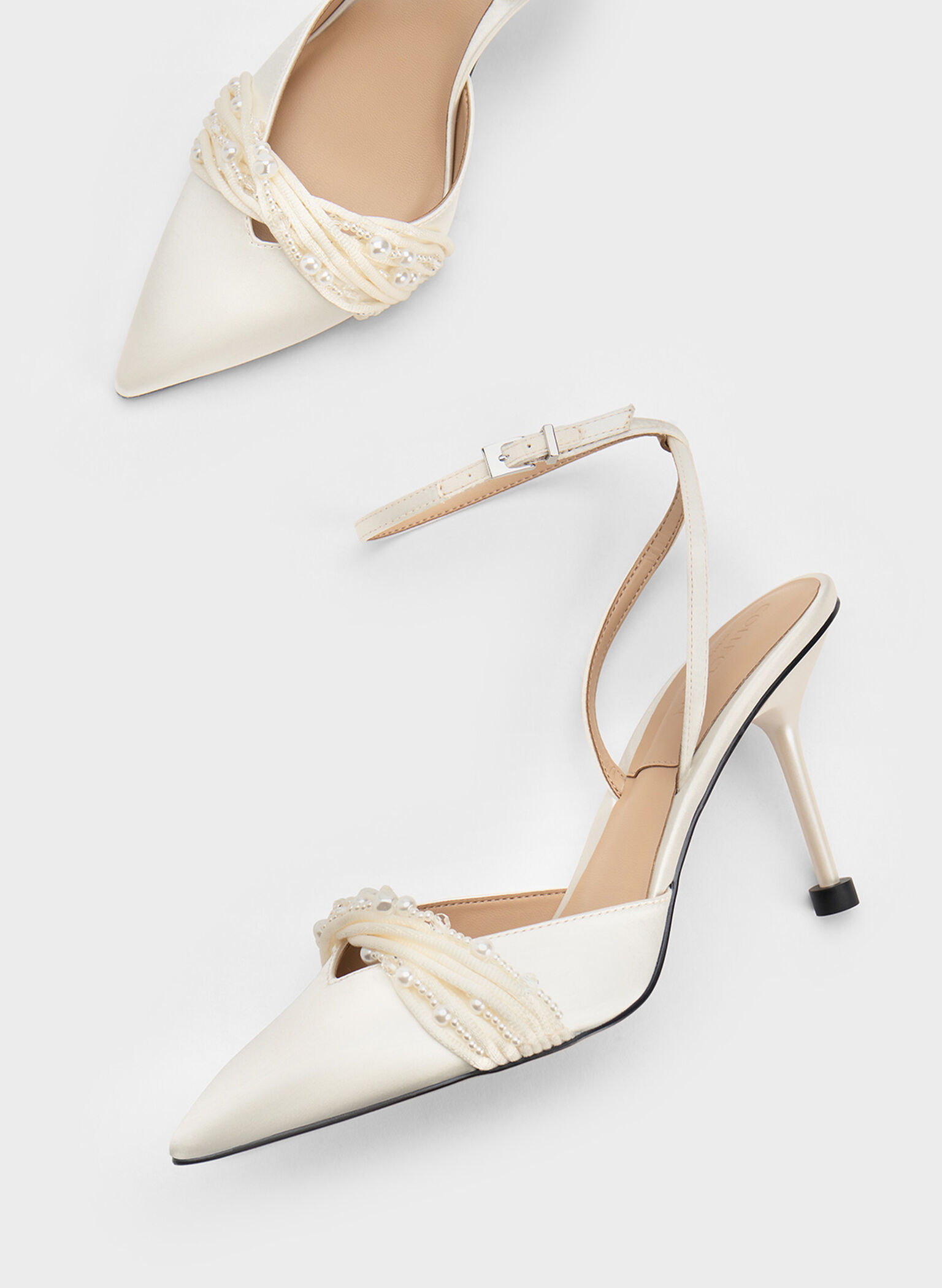 Leda Beaded Satin Ankle-Strap Pumps, White, hi-res