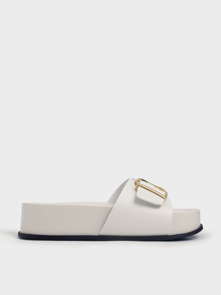 Metallic Buckle Flatform Sandals, Chalk, hi-res