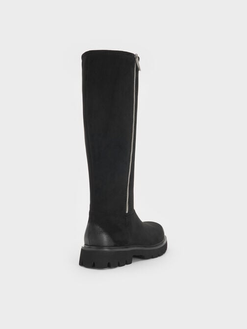 Rosamond Faux Suede Side-Zip Ridged-Sole Knee-High Boots, Black Textured, hi-res