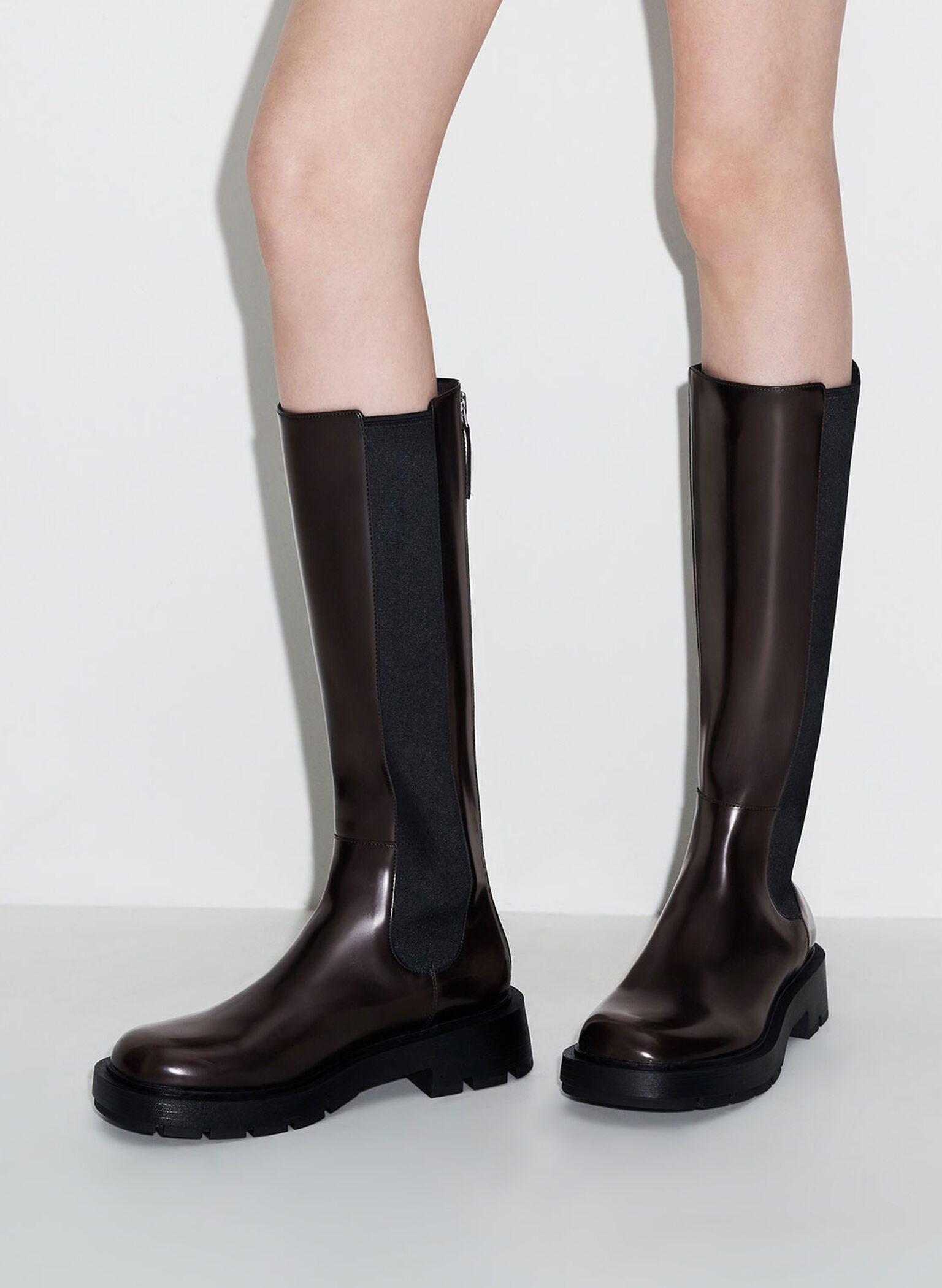 Dark Brown Zip-Up Chelsea Knee Boots - CHARLES & KEITH US