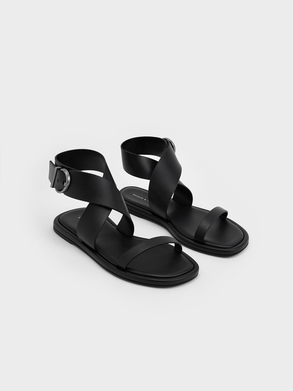 Thick Ankle Strap Flat Sandals, Black, hi-res