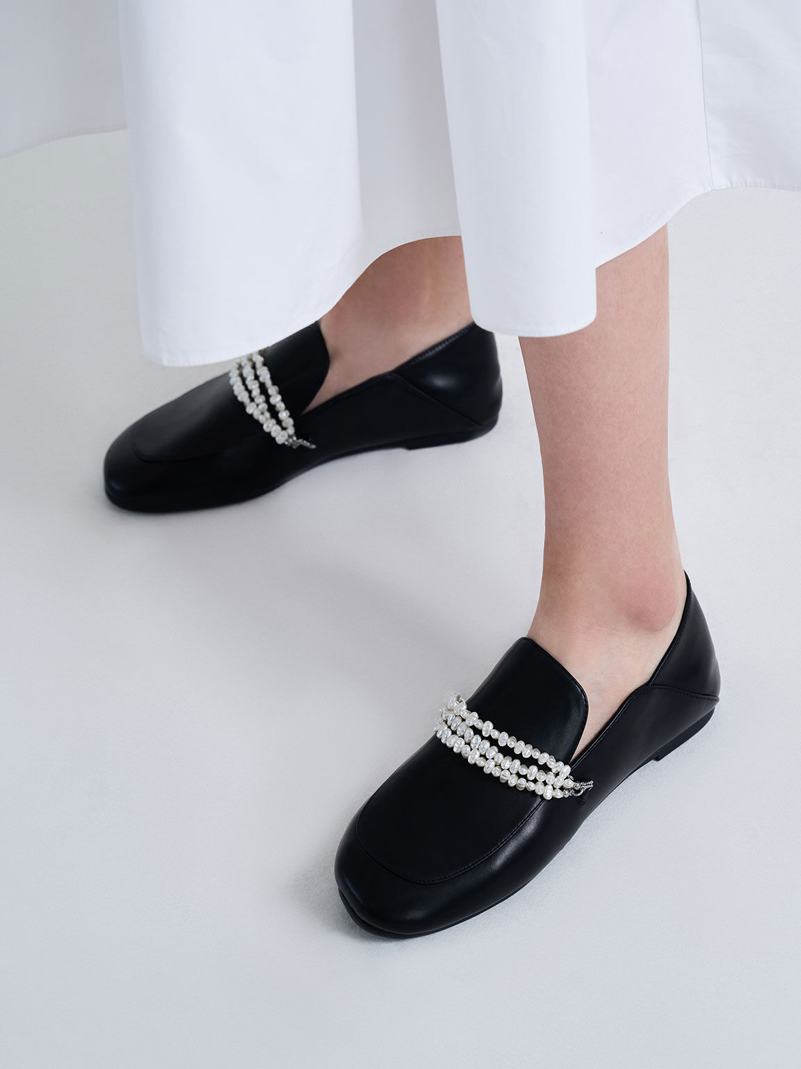 Beaded Step-Back Loafers, Black, hi-res