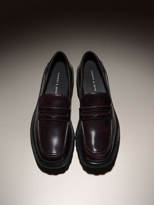 Covered Ridge-Sole Loafers, Burgundy, hi-res