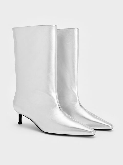 Metallic Elongated Tapered-Toe Kitten-Heel Calf Boots, Silver, hi-res