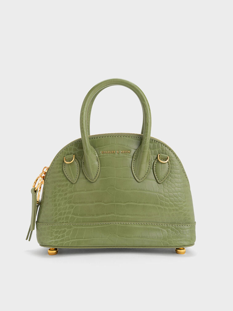 Harmonee Croc-Embossed Bowling Bag, Olive, hi-res