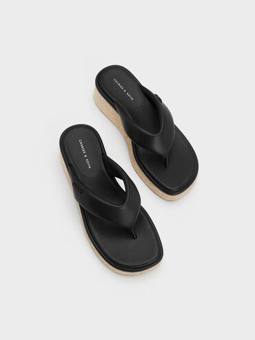 Espadrille Thong Sandals, Black, hi-res