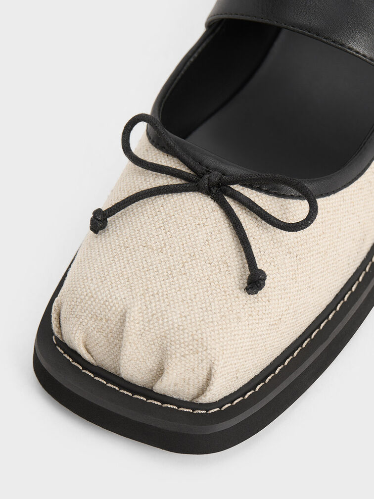 Mary Janes com laço de linho e fivela, Beige, hi-res