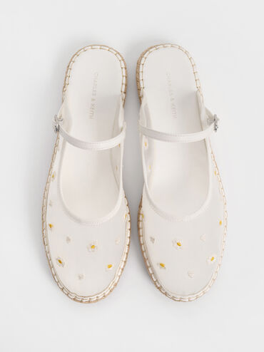 Mesh Embroidered-Flower Slip-On Mary Jane Espadrilles, Blanco, hi-res