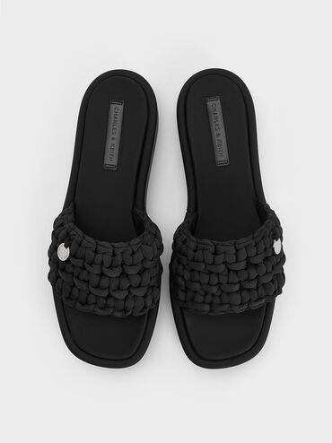 Woven Flatform Sandals, Black Textured, hi-res