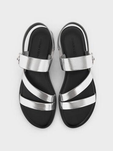 Yara Metallic Turn Lock Strappy Sandals, Silver, hi-res