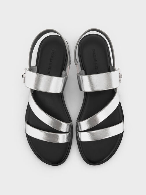 Yara Metallic Turn Lock Strappy Sandals, Silver, hi-res