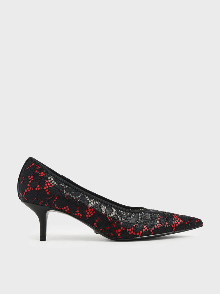 Lace Pointed Pumps, Red, hi-res