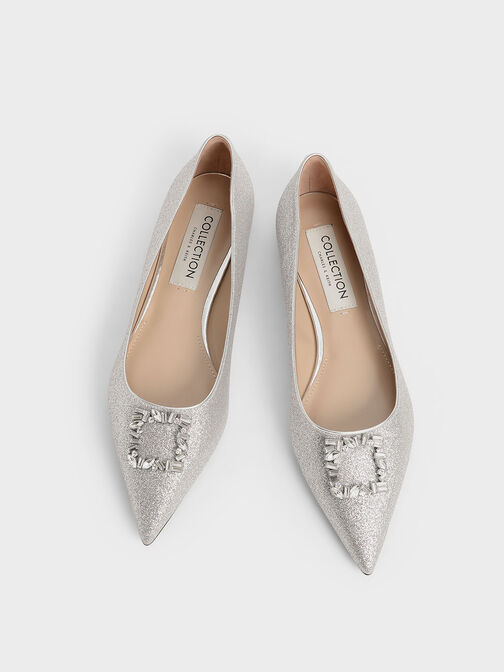 Glitter Gem-Embellished Ballerina Flats, Silver, hi-res