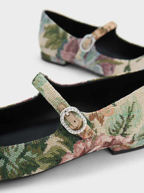 Floral-Embroidered Pearl-Buckle Mary Janes, Multi, hi-res