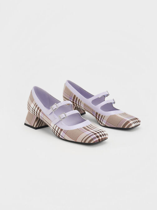 Checkered Double Buckle Mary Janes, Taupe, hi-res