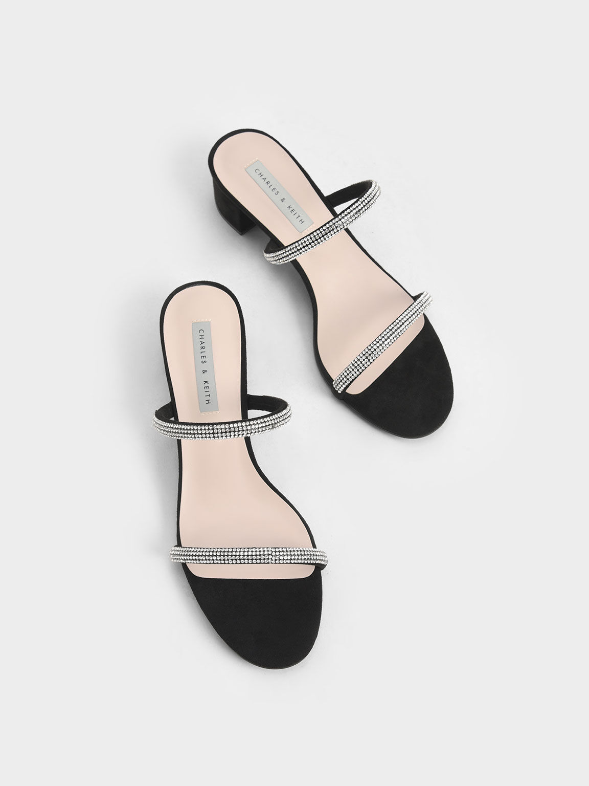 Black Gem-Encrusted Strappy Heeled Mules - CHARLES & KEITH US