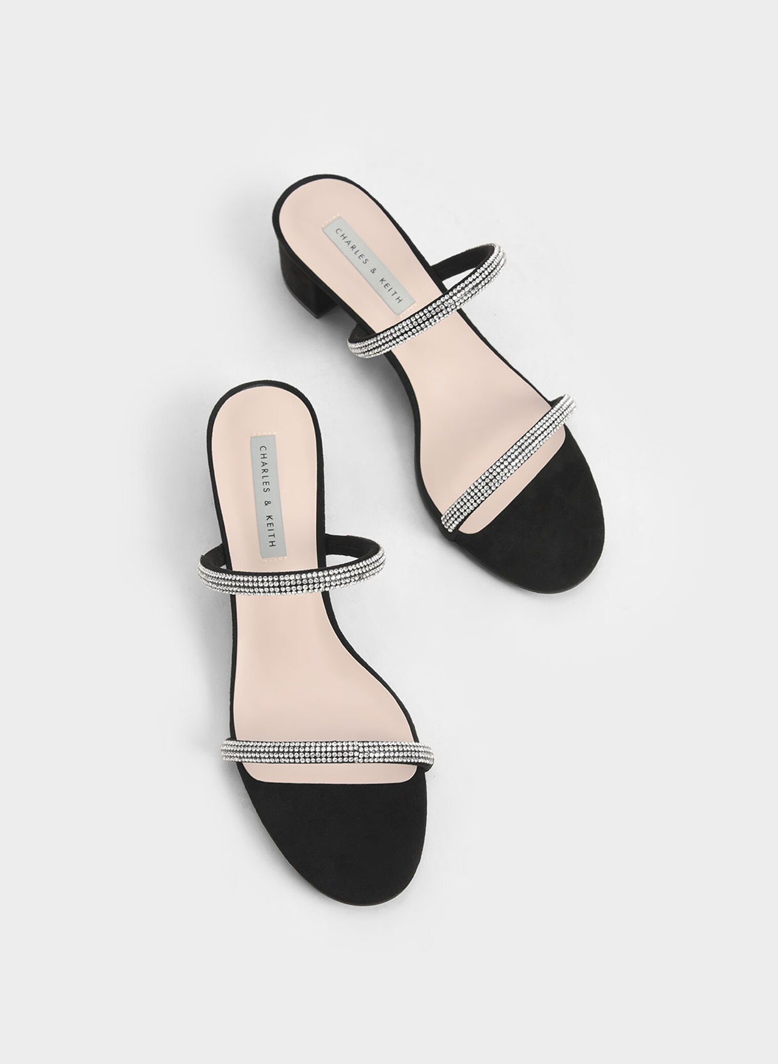 Gem-Encrusted Strappy Heeled Mules, Black, hi-res