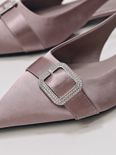Satin Crystal-Buckle Pointed-Toe Slingback Flats, Mauve, hi-res