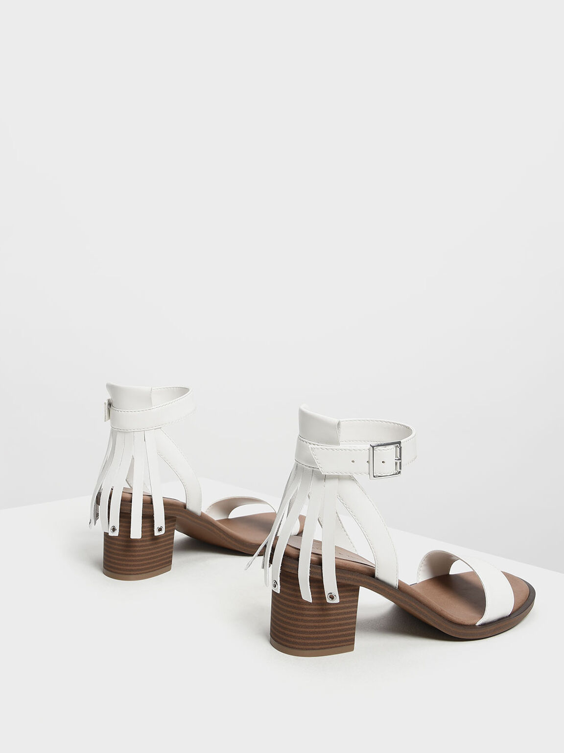 Fringe Trim Block Heel Sandals, White, hi-res