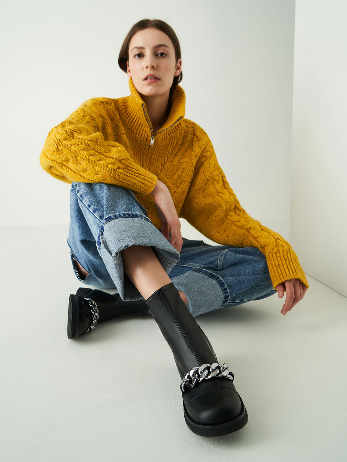 Chunky Chain Link Ankle Boots, Black, hi-res
